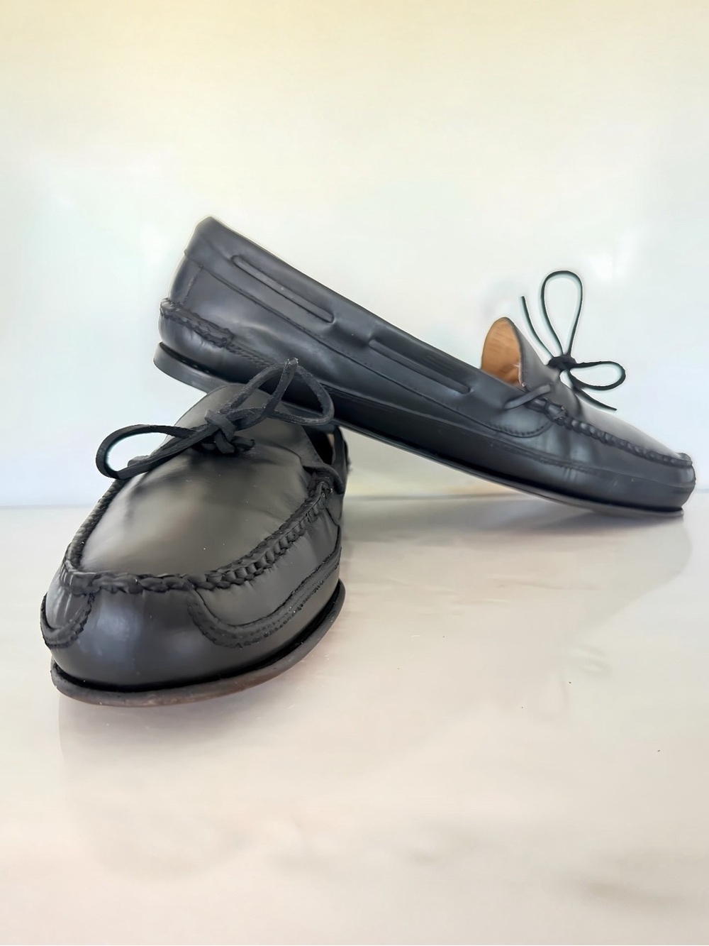 Cole Haan Handsewn Camp Moc Loafers Men 13D Black Leather Tie Moc Brazil